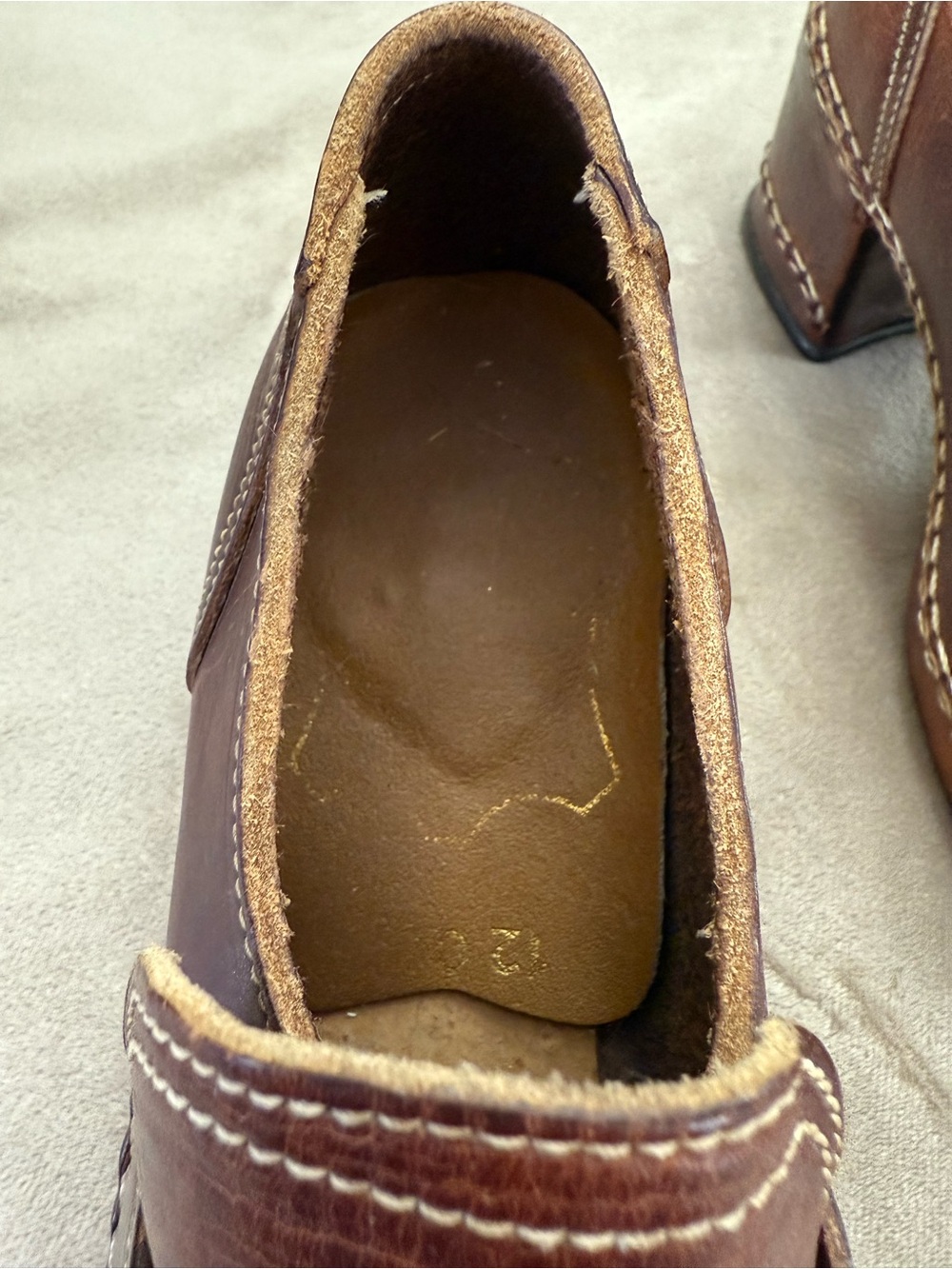 * Vintage Leather Chunky Heel Loafers Bold Stitching - Picture 8 of 12